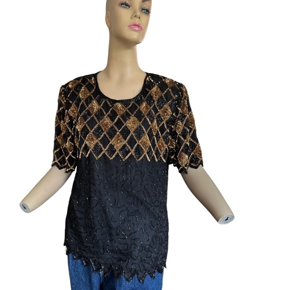 Vintage Diamond Gold and Black Sequin Silk Top - Picture 1 of 8